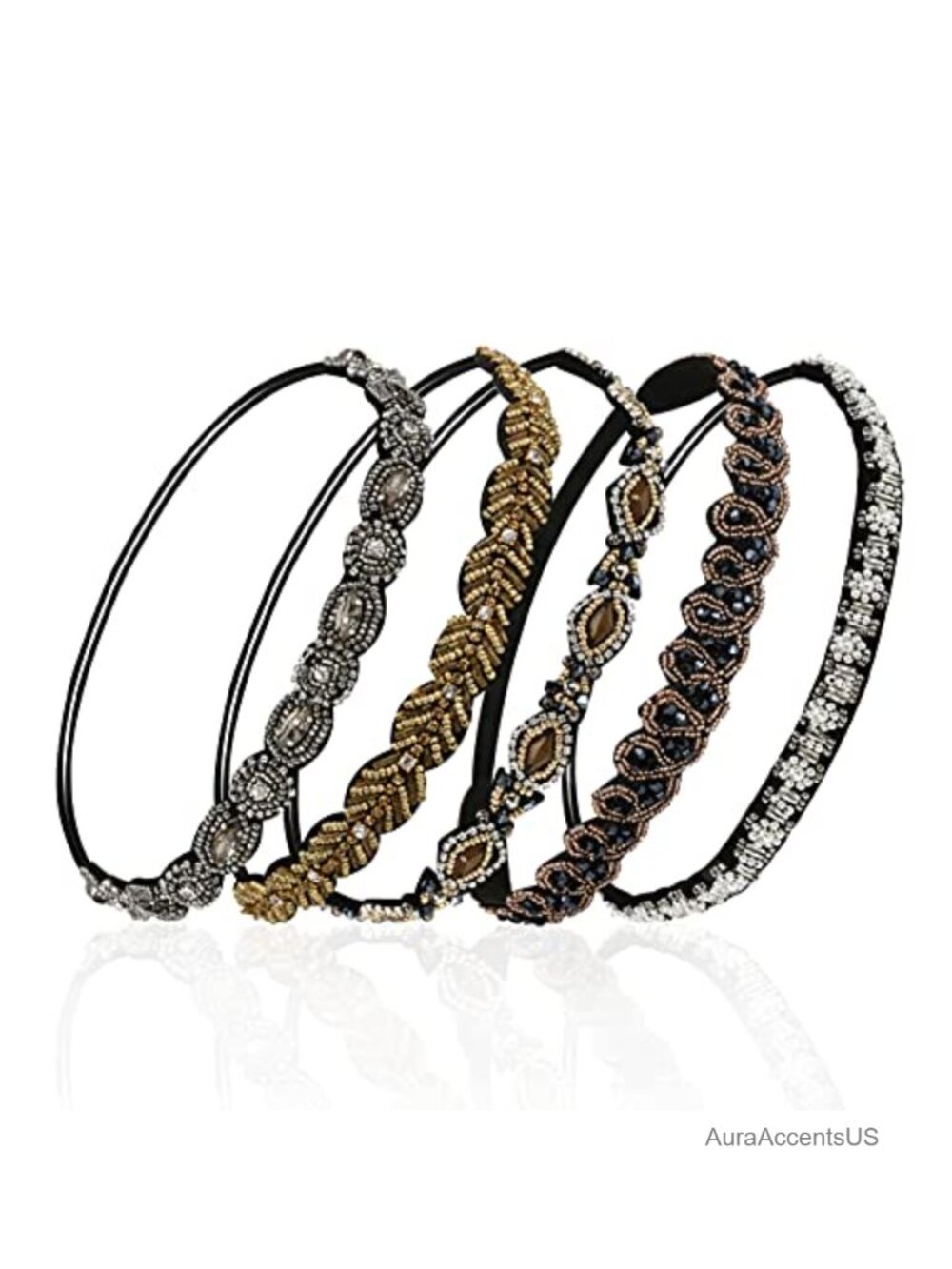 5Pc Elastic Rhinestone Crystal Beaded Headband Set Handmade